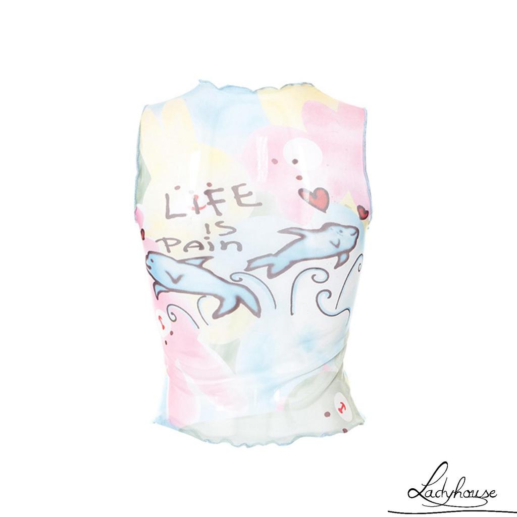 Áo Croptop Không Tay Cổ Tròn In Họa Tiết Hoạt Hình Thời Trang Mùa Hè Cho Nữ