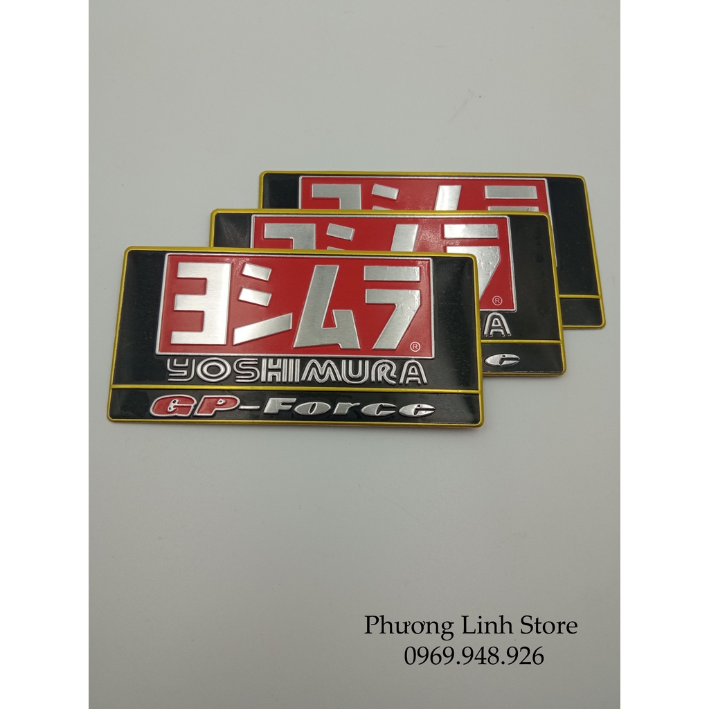 Decal nhôm dán pô xe Yoshimura, Tem dán pô viền vàng dập nổi Yoshimura USA hình chữ nhật