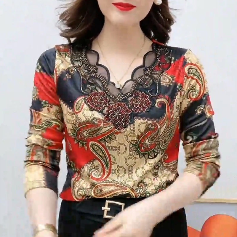 Áo thun tay dài phối ren phong cách Tây Âu ôm dáng thanh lịch dành cho phụ nữ trung niên