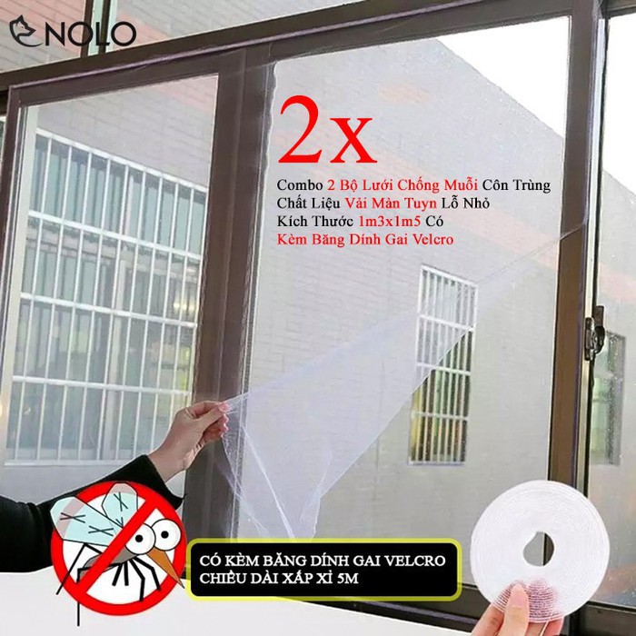 Combo 2 Lưới Chống Côn Trùng Muỗi Chất Liệu Vải Màn Tuyn Lỗ Nhỏ Kích Thước 1m3x1m5 Có Kèm Băng Dính Gai Velcro