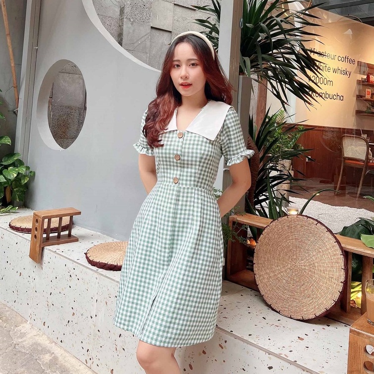 Đầm nữ caro xanh công sở thanh lịch cổ v trắng thiết kế xinh dễ thương chữ a tay ngắn thời trang đi làm đi chơi – Lux W