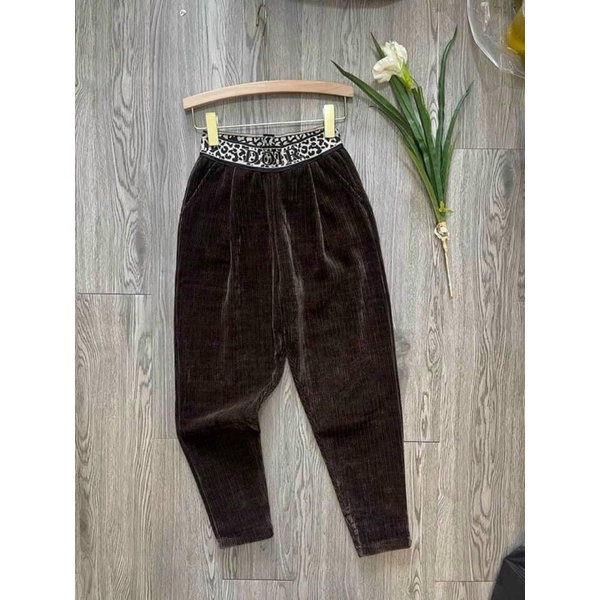 Quần baggy nữ cạp cao chun họa tiết dáng dài vải nhung tăm cao cấp màu đen nâu - Quần vải nữ công sở co giãn mặc đi học