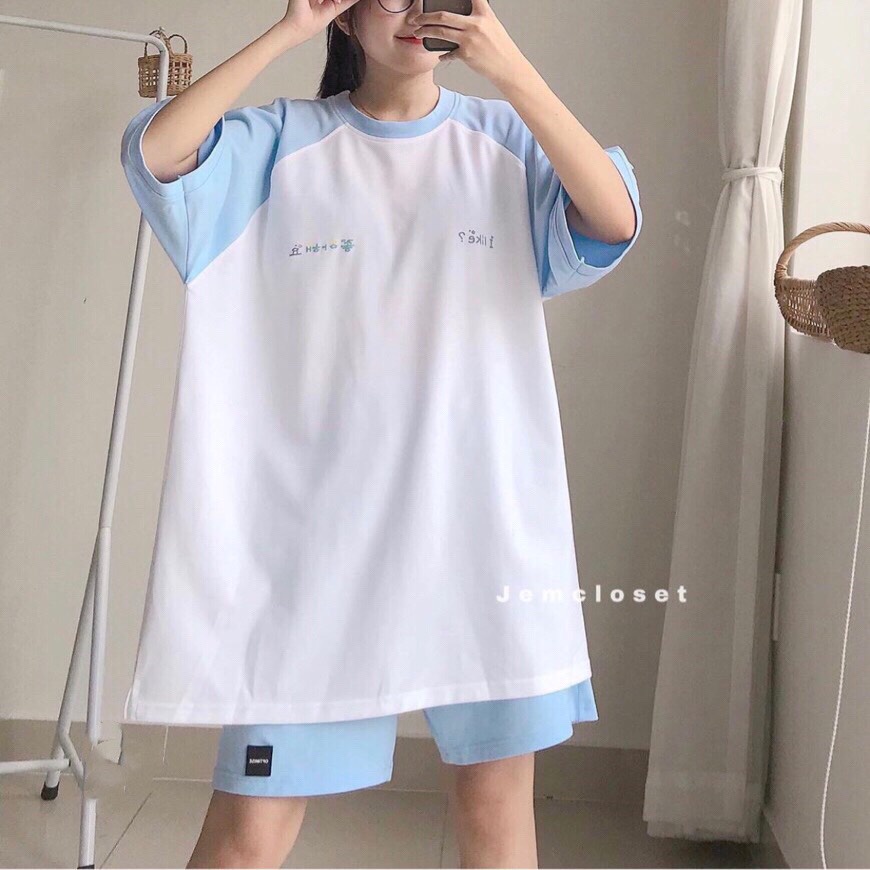 Set Quần Short ILIKE Áo Phông Unisex - Set Áo Raglan Xanh Nâu Cổ Tròn In Chữ Mix Quần đùi 2 màu
