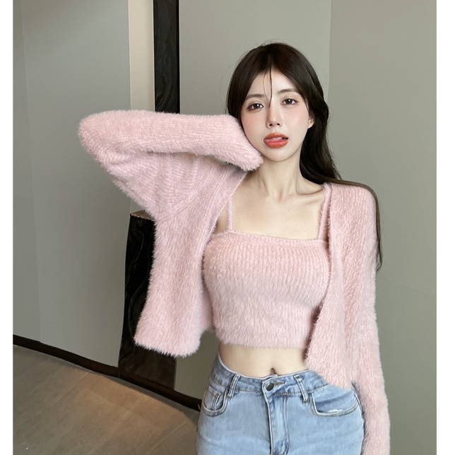 QKOOLE  Set áo khoác cardigan ngắn + áo sát nách phong cách Hàn Quốc cho nữ