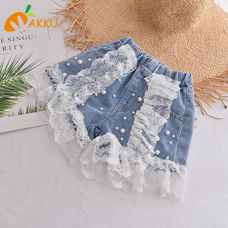 Quần Short Jean Viền Ren Hoa Dễ Thương Cho Bé 2-6 Tuổi