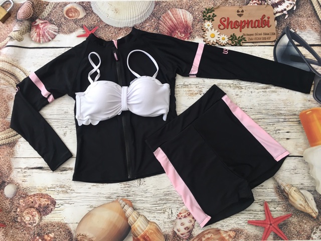 Bikini đồ bơi tay dài kín đáo Qc đen phối hồng