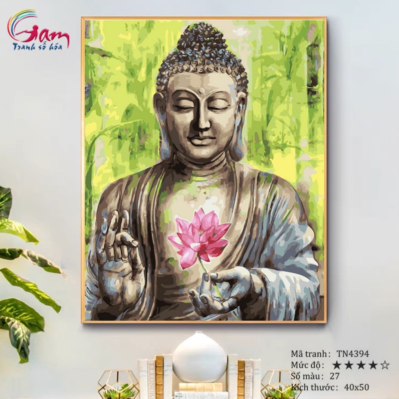 Tranh sơn dầu số hóa Phật giáo Đức Phật hoa sen có khung 40x50cm TN4394