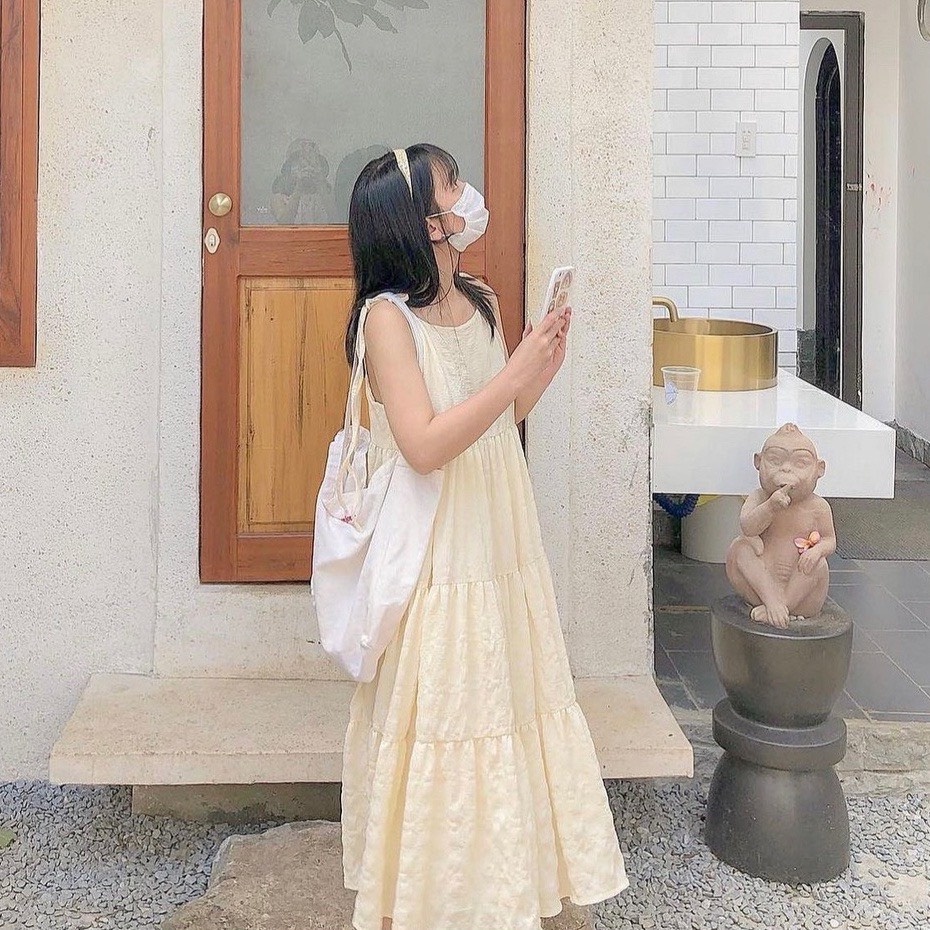 Váy Hai Dây Babydoll Buộc Nơ Vai Xòe Tầng, Đầm Maxi Chất Đũi Mềm Mát