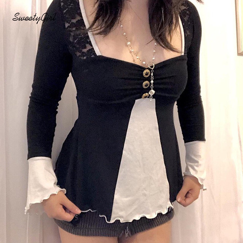 Áo Thun Tay Dài Cổ Vuông Cắt Sâu Ôm Dáng Phối Màu Tương Phản Thời Trang 2022 Cho Nữ