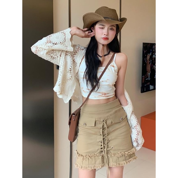 QKOOLE  Áo Khoác cardigan + Áo Sát Nách Nhuộm Màu Thời Trang Hàn Quốc Cho Nữ