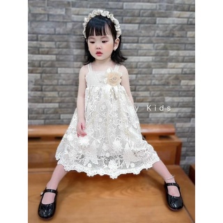 Váy ren 2 dây hoa trà kèm bờm bé gái