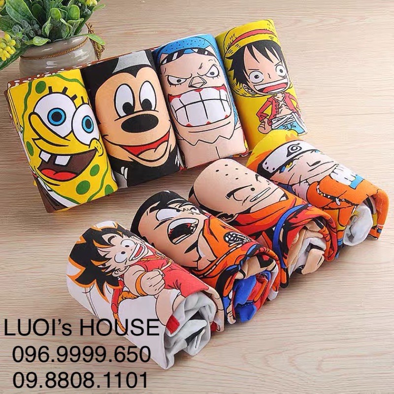 Set 4 Quần Lót Đùi Boxer Nam Hoạt Hình Ngộ Nghĩnh Siêu Nhân Songoku Luffy One Piece Chất Vải Cotton Kháng Khuẩn Vượt Trộ