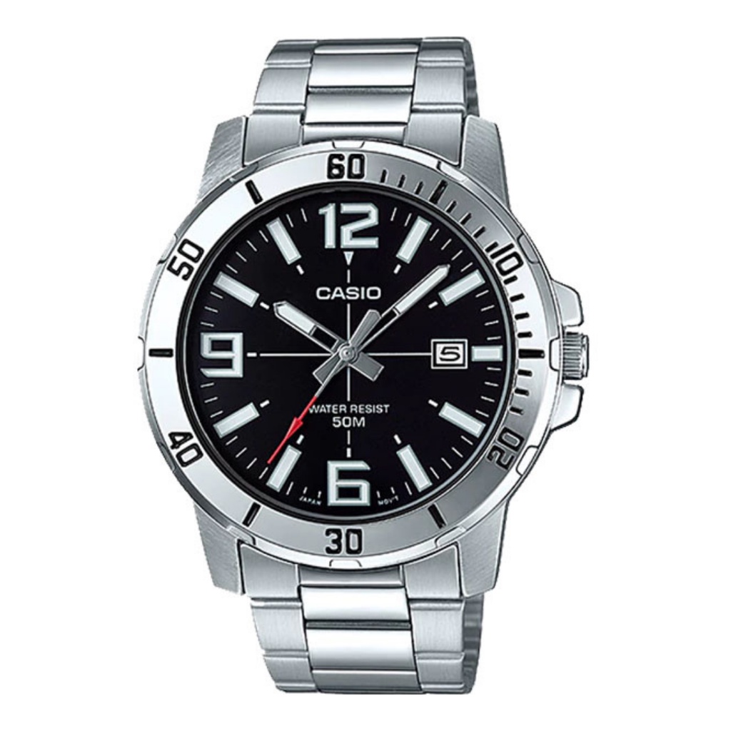 Đồng hồ nam dây thép Casio MTP VD01D-1E Mặt đen số hoc trò - Kính khoáng - Size 45mm Bảo hành 1 năm Hyma watch