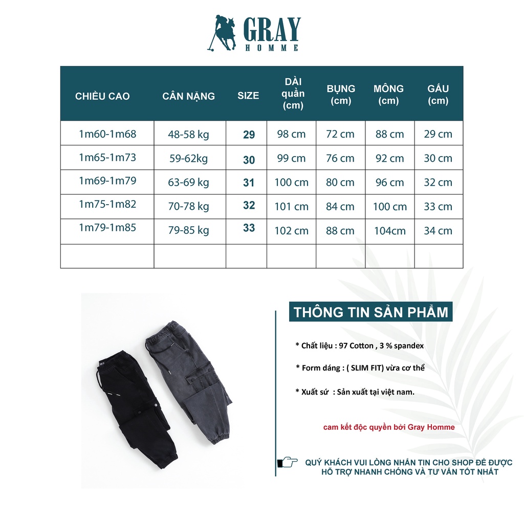 Quần Jogger Túi Hộp Jean Nam Bo Gấu GrayHomme Năng Động - BJG205