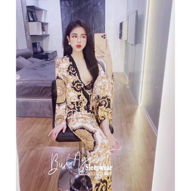 pijama tay dài tay hoạ tiết vàng hoàng gia lụa satin cao cấp quảng châu | BigBuy360 - bigbuy360.vn