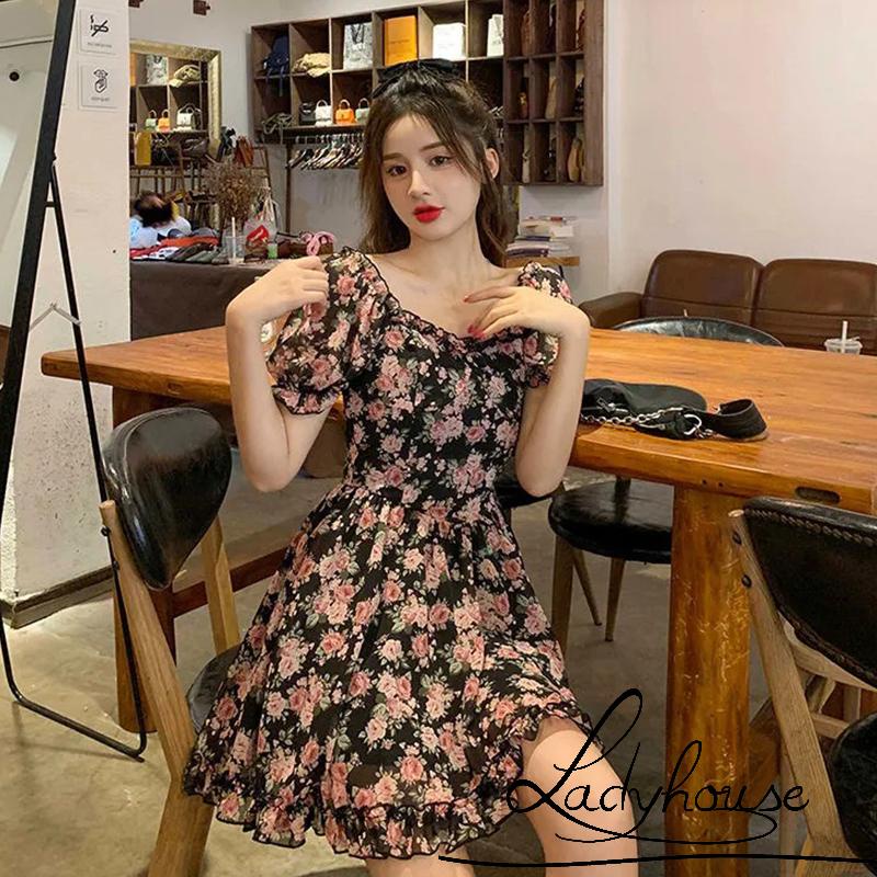 Đầm chữ A mini cổ vuông tay ngắn phồng eo cao thời trang mùa hè cho nữ