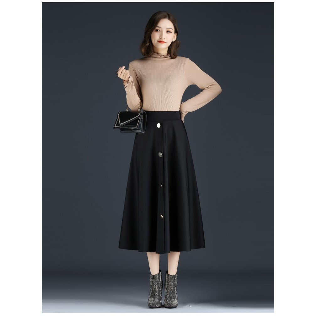 Chân váy dài cạp cao qua gối midi ullzang dáng xòe màu đen trơn đính khuy chất liệu tuyết mưa cực đẹp Siêu sang chảnh