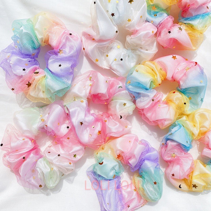 Scrunchies cột tóc voan kính siêu dễ thương 2 lớp cầu vòng sao