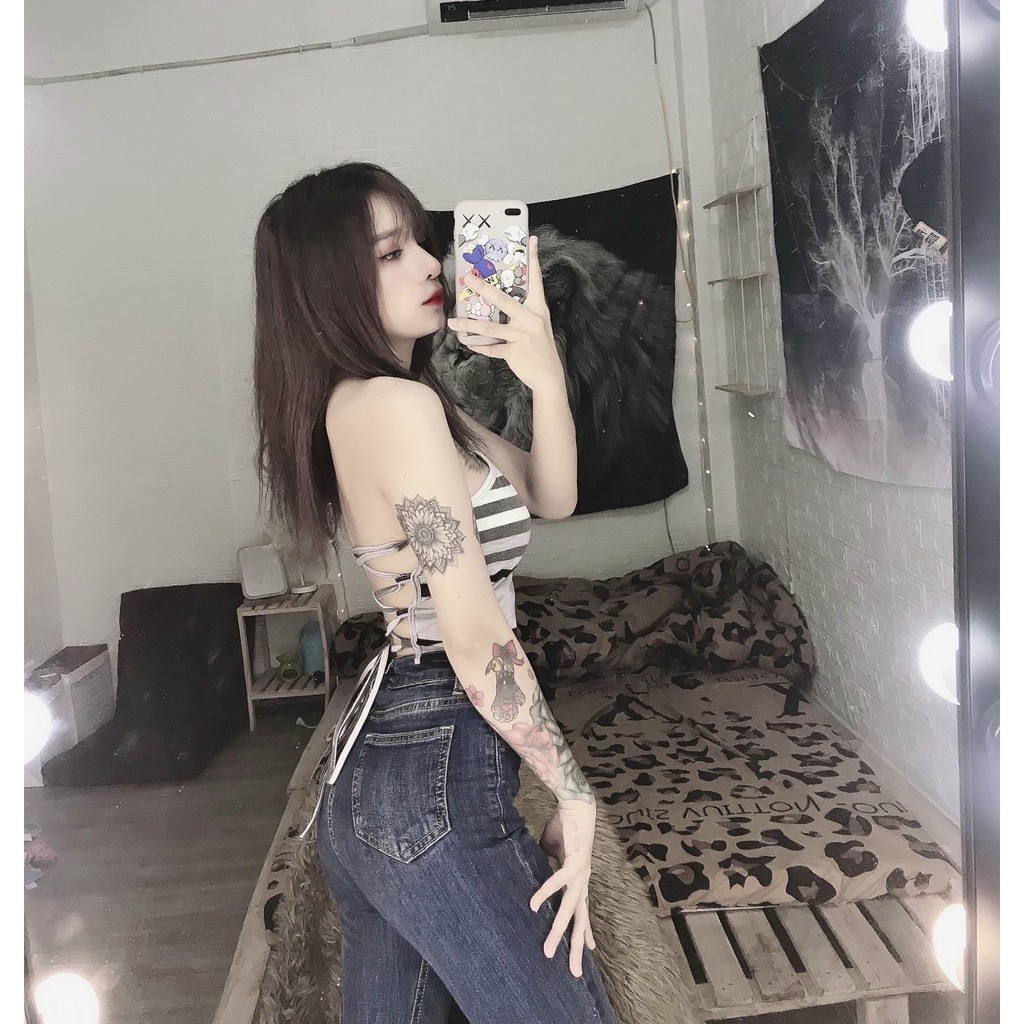 Áo kiểu yếm khoen đan dây lưng phối màu sọc kèm mút cực hot , chất thun bozip mềm mịn ( ảnh thật )