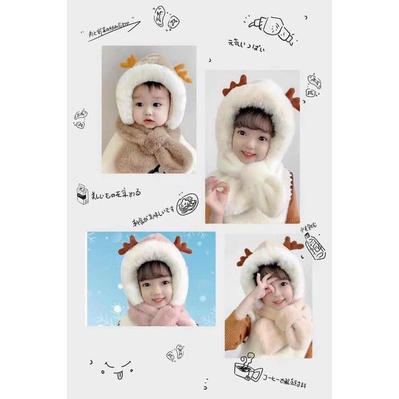 Nón lông cừu sừng hươu mũ len trùm đầu kèm khăn quàng cổ cho bé giữ ấm mùa đông
