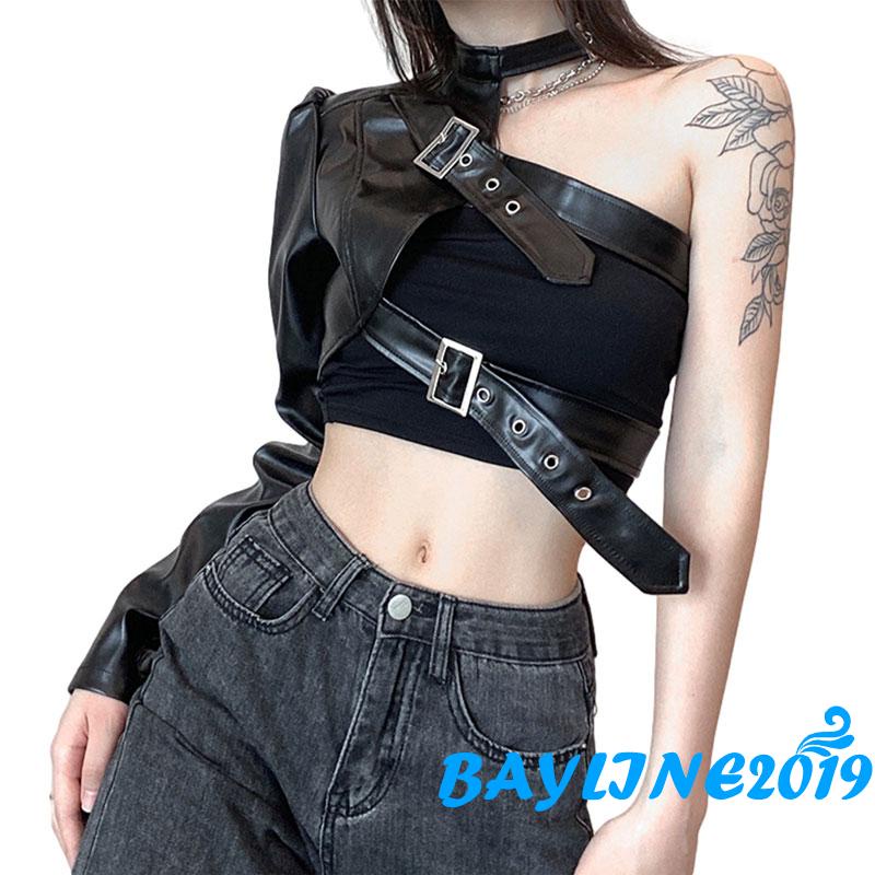 Áo Croptop Da Tay Dài Phong Cách Punk Cá Tính Cho Nữ