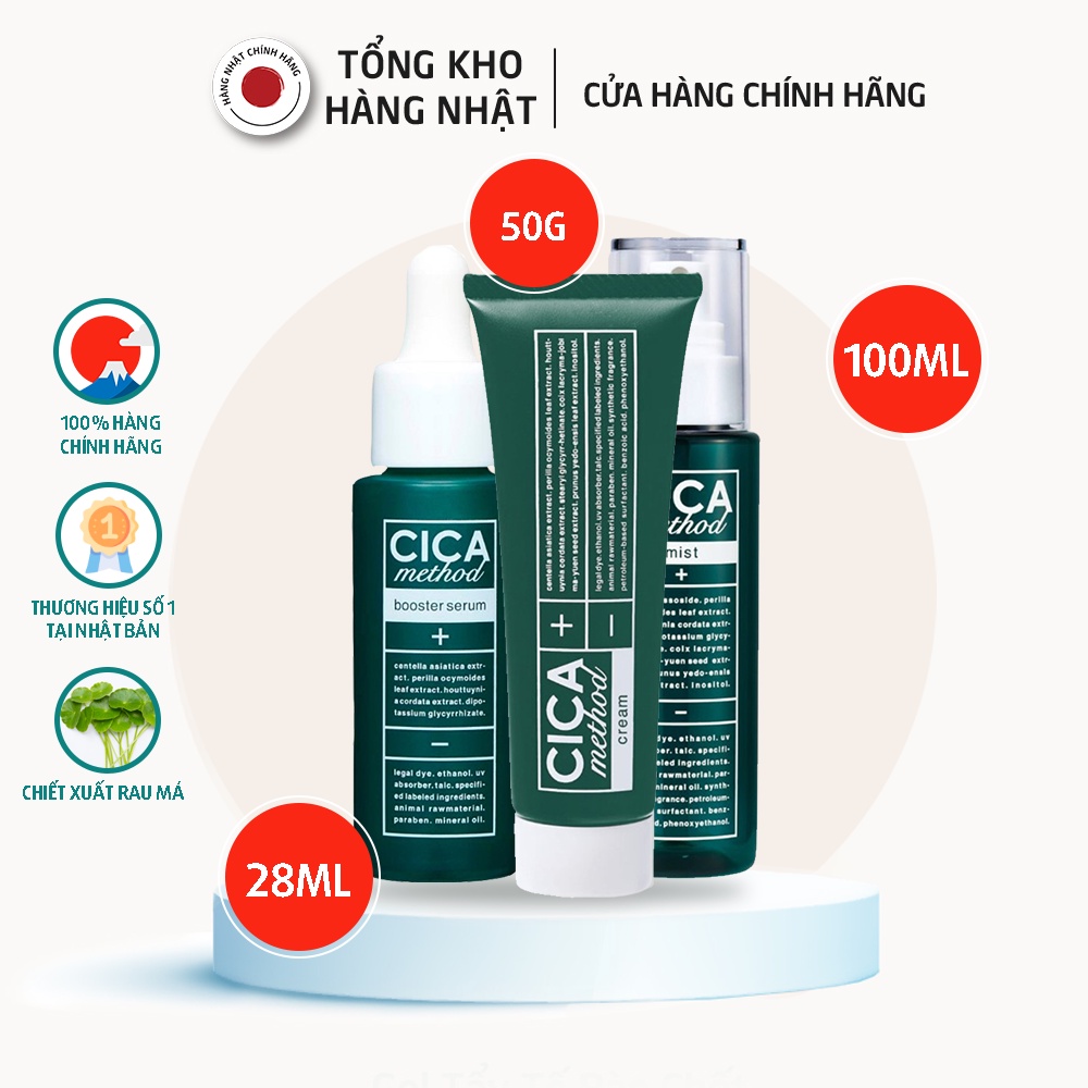 Bộ sản phẩm Kem dưỡng ẩm, Xịt phun sương dưỡng ẩm,Tinh chất dưỡng ẩm, ngừa mụn và phục hồi tổn thương do mụn CICA METHOD