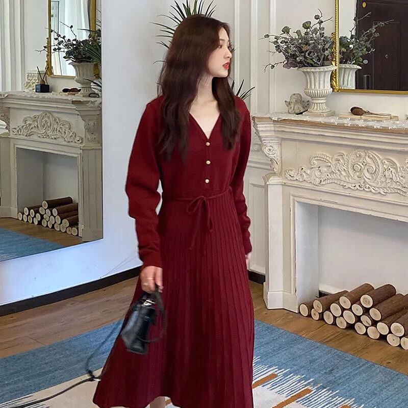 Váy len nữ vintage kiểu Pháp hàng đẹp(Order)-Sẵn S Đỏ | BigBuy360 - bigbuy360.vn