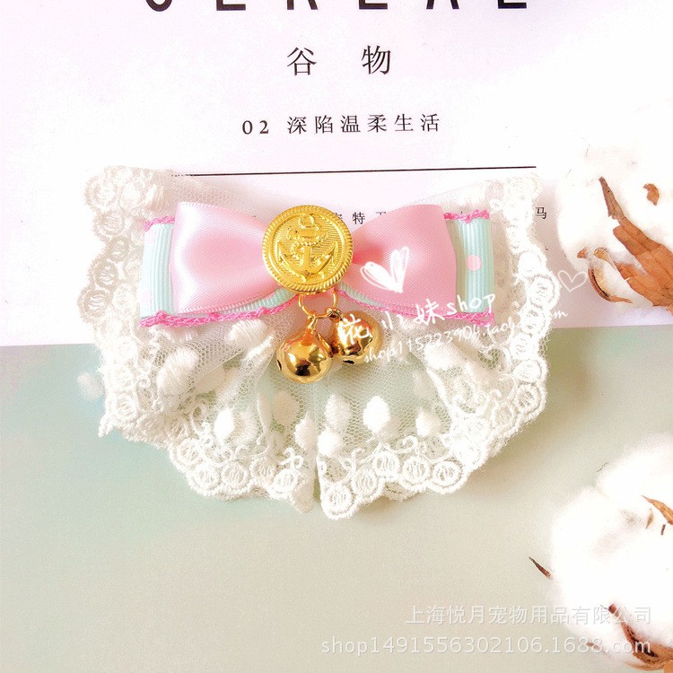 Vòng đeo cổ chó mèo nơ hồng ren có gắn chuông cho thú cưng