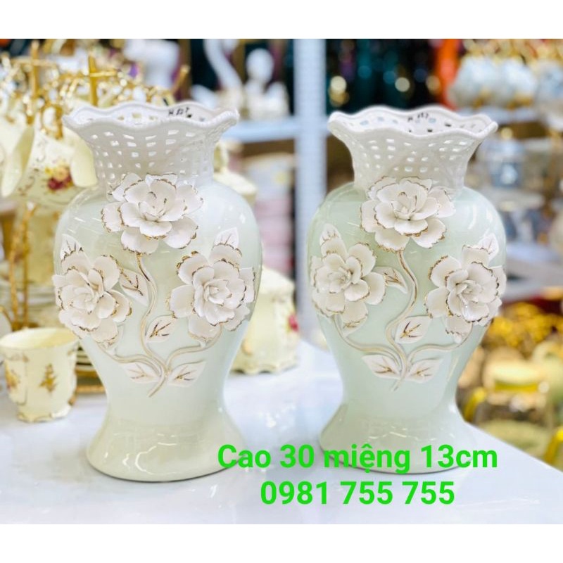 Bình Bông Đắp Nổi 3D Nhập Khẩu_Lọ Hoa Xanh Gốm Sứ Giang Tây Cao Cấp_Trang Trí _Decor_Biếu Tặng