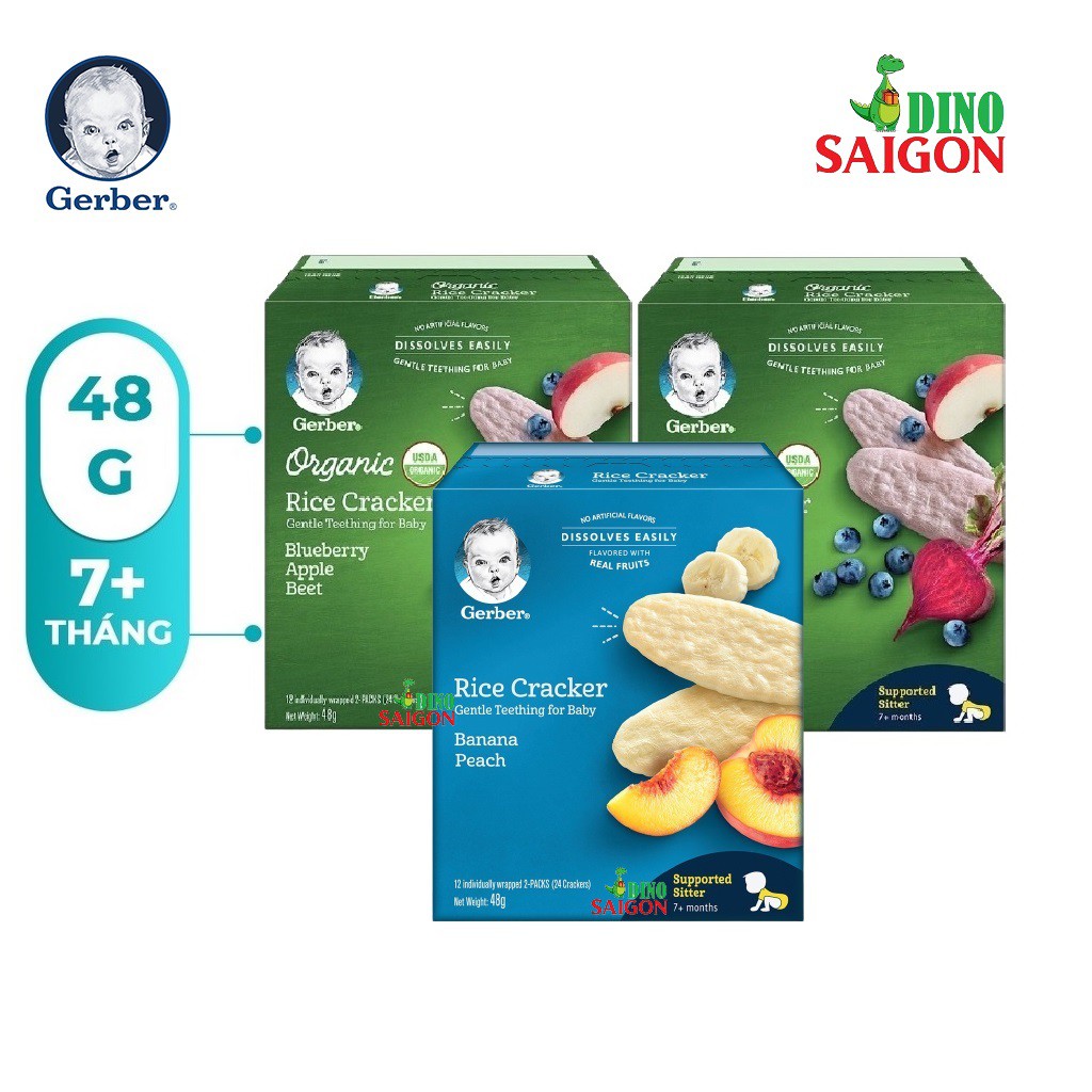 Combo 3 Hộp Bánh Gạo Ăn Dặm Gerber Organic 48g Mix Vị Việt Quất Táo Củ Cải Đỏ Và Vị Chuối Đào