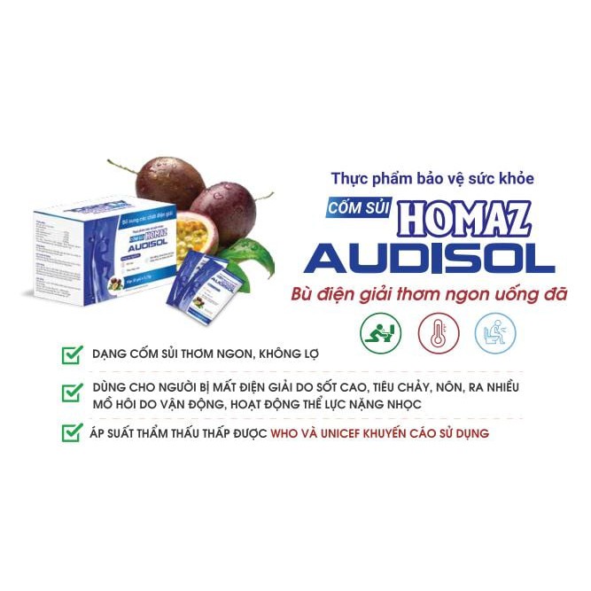 Cốm sủi Homaz Audisol bổ sung điện giải, giải rượu, bảo vệ sức khỏe