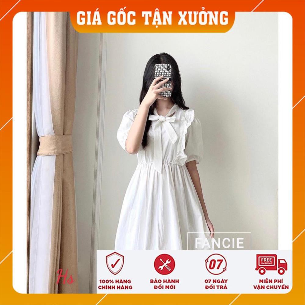 [FREESHIP] Đầm Nữ Trắng Vai Bèo Cộc Tay Buộc Nơ 🦋 Váy Nữ Chất Đũi Dáng Xòe 🦋