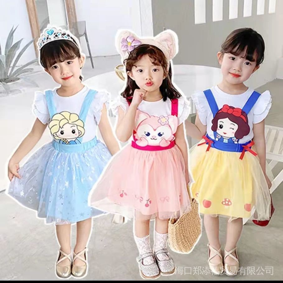 Bộ Đầm Hai Dây Phối Lưới Họa Tiết Công Chúa Bạch Tuyết Hoạt Hình Thời Trang Mùa Hè Xinh Xắn Cho Bé Gái 2022