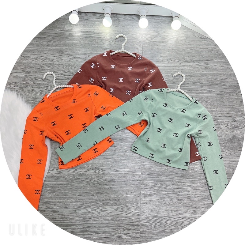 Áo thun body Croptop tay dài phối Lô Gô CN toàn thân 8 màu