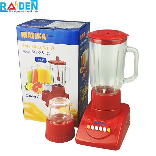 Máy xay sinh tố Matika MTK-3105 có 2 cối bằng thủy tinh xay thịt cá, sinh tố, rau củ, gia vị (Màu ngẫu nhiên)