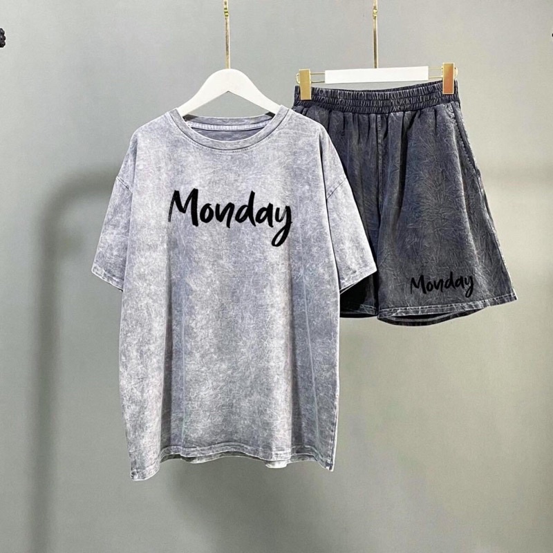 Set bộ Wash Xám Khói Áo Thun Tay Lở Quần Short Ảnh Thật