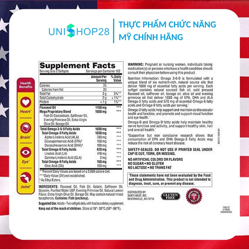 Viên Uống Dầu Cá Member’s Mark Omega 369 Supports Heart Health 1600mg bổ sung các vitamin, TPCN Mỹ