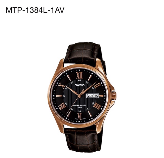 Đồng hồ nam chính hãng CASIO MTP 1384L-1AV dây da đen mặt đen viền goldrose 41mm