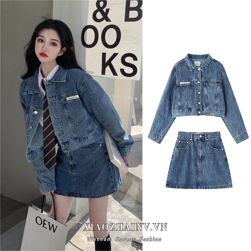 Set áo khoác denim + chân váy lưng cao Xiaozhainv phong cách retro (Có bán lẻ) | BigBuy360 - bigbuy360.vn