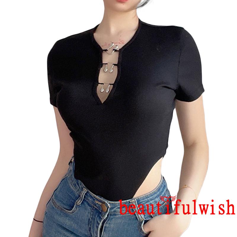 BEAUTIFULWISH-Women´s Summer Knitted Bodysuit Black Short Sleeve Round Neck Front Crochet Buckle Playsuit | BigBuy360 - bigbuy360.vn