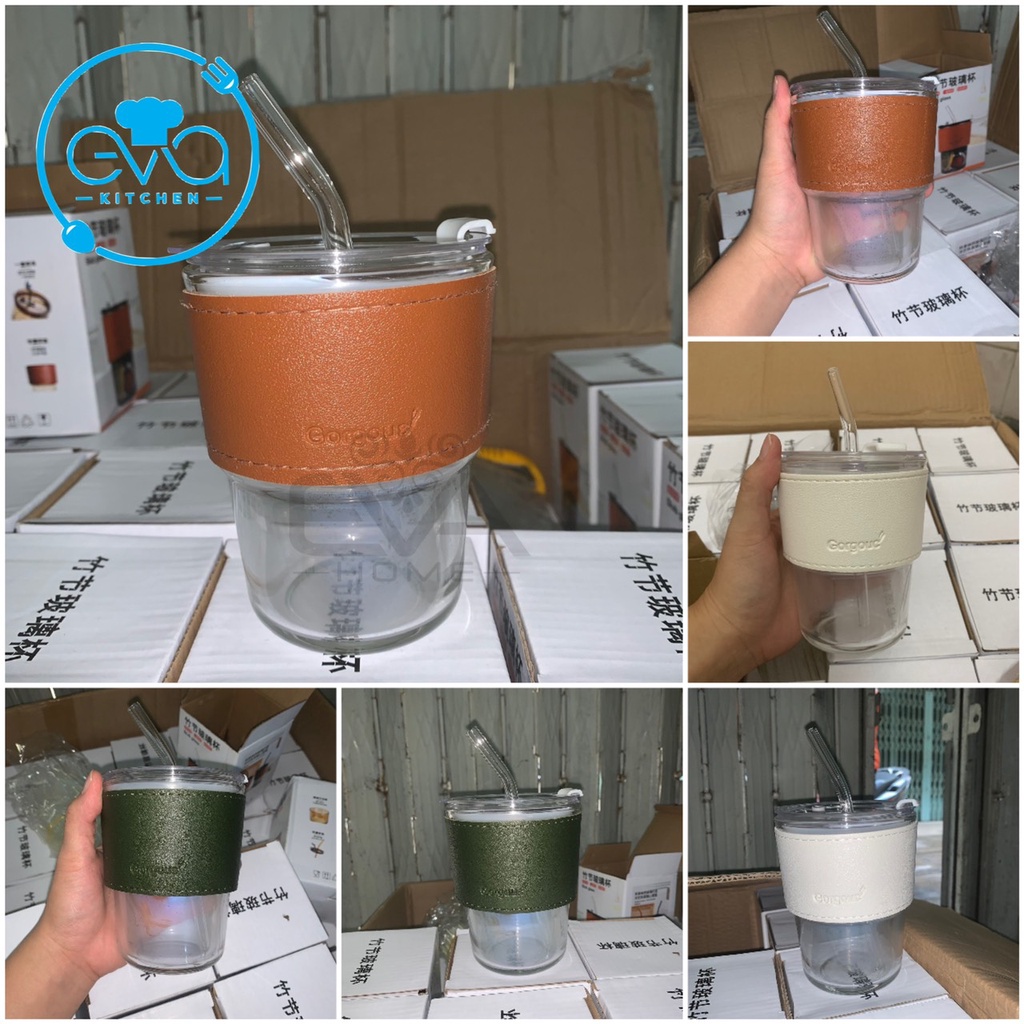 Ly Thuỷ Tinh Gorgous Bọc Da Cách Nhiệt 450Ml Có Nắp Đậy Kín Hơi Tặng Kèm Ống Hút Thuỷ Tinh Cao Cấp