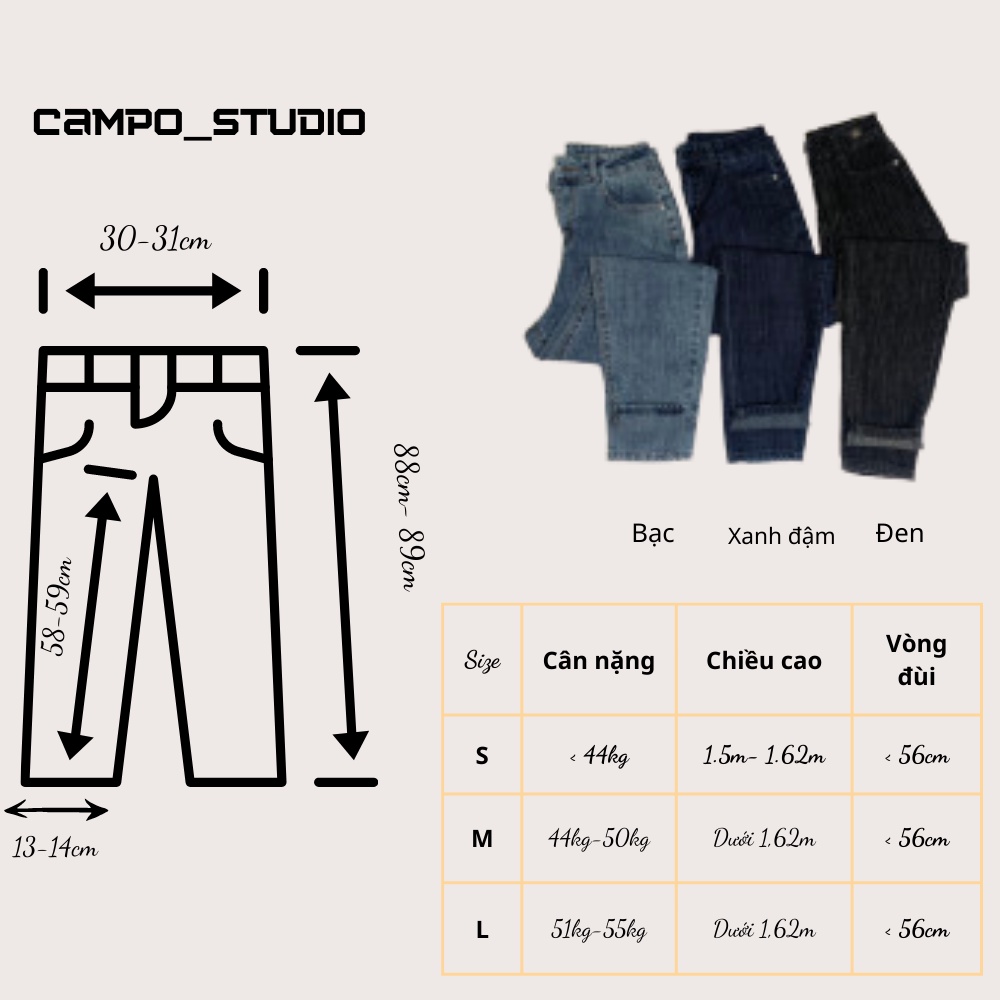 Quần bò baggy nữ xạnh đậm Campo lưng cao phong cách trẻ trung siêu hack dáng