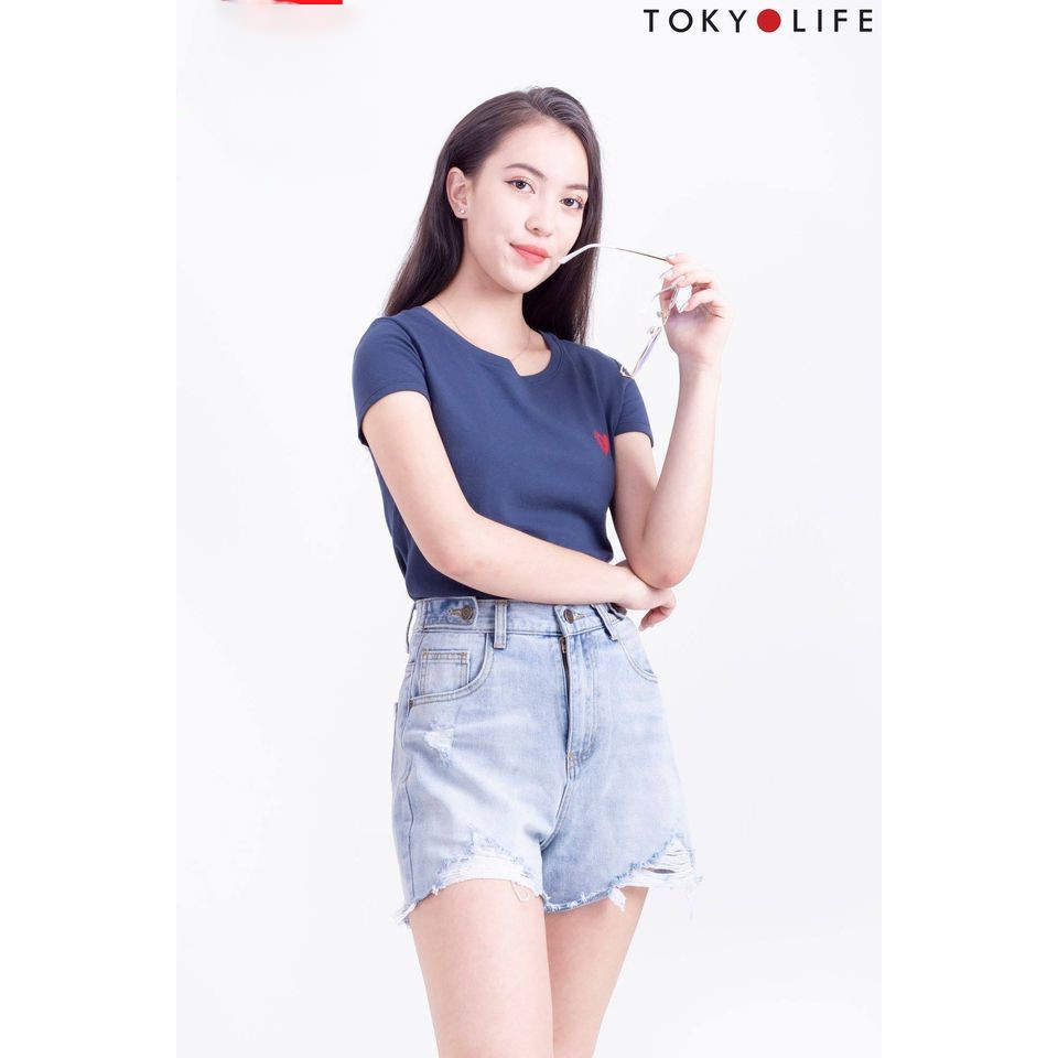 Áo thun Nữ TOKYOLIFE cổ tròn dáng ôm thêu trái tim I9TSH027G