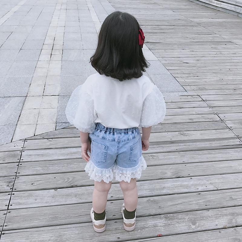 Set Áo Ren Tay Phồng + Quần Short Jeans Cho Bé Gái