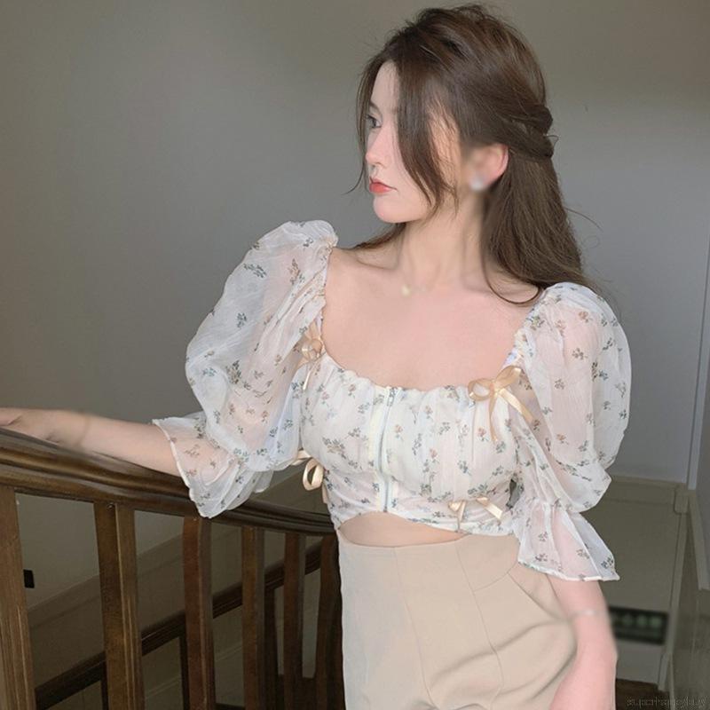 Áo crop top tay ngắn in hoa kiểu Hàn Quốc dễ thương cho nữ
