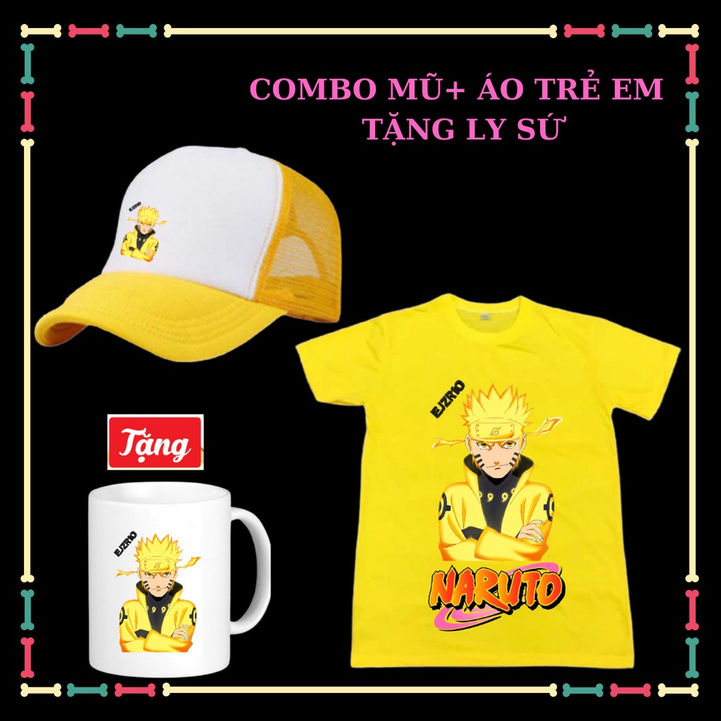 Combo Mũ lưỡi trai Áo thun Mẫu Naruto lục đạo siêu ngầu cho trẻ em-Tặng Ly sứ in hình Naruto lục đạo