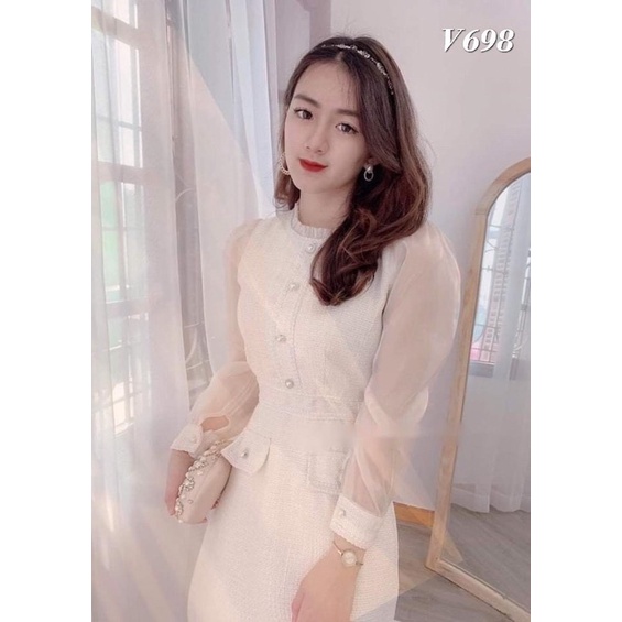 VÁY/ĐẦM DẠ TAY TƠ OGANZA PHỐI CÚC NGỌC DÁNG DÀI 2 LỚP HÀNG LOẠI 1 | BigBuy360 - bigbuy360.vn