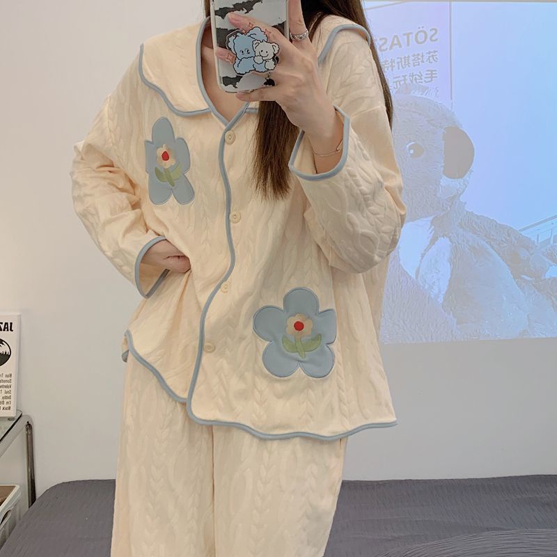 Bộ Đồ Ngủ Tay Dài Thiết Kế Ngọt Ngào Thời Trang Thu Đông Mới Cho Nữ