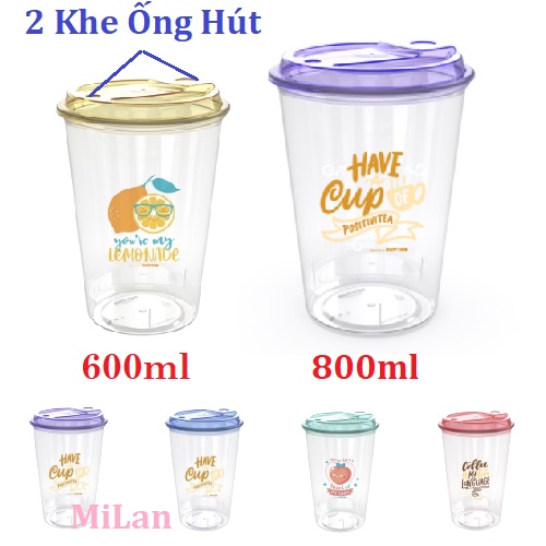 Ly Nước Mang Đi Có Nắp, Có 2 Khe Cắm Ống Hút Siêu Tiện Lợi