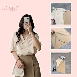 Set áo sơ mi cổ vest mix chân váy dáng dài